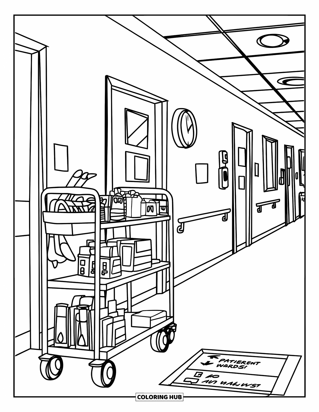 Hospital Coloring Page for Kids: A quiet hallway with a medical cart full of supplies and doors to patient rooms
