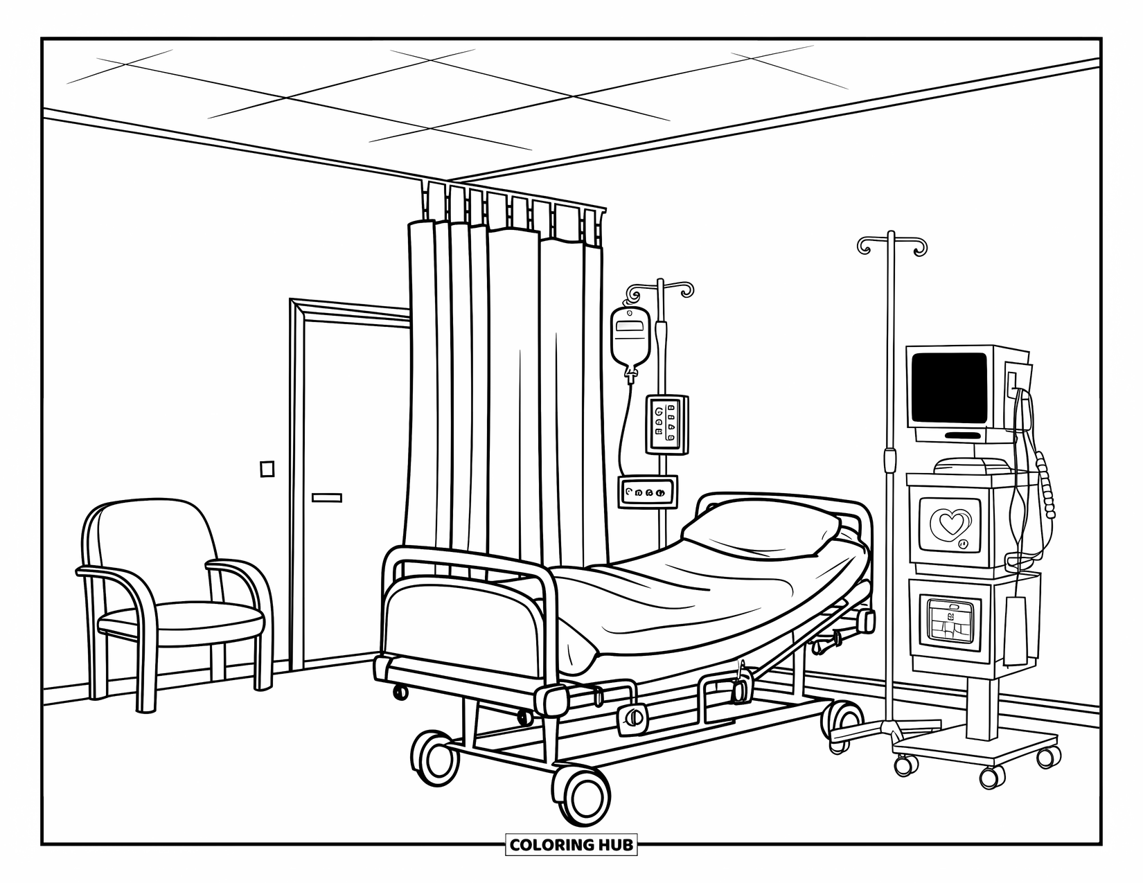 Hospital Coloring Page for Kids: A simple hospital room with a bed, monitor, and IV stand by the window