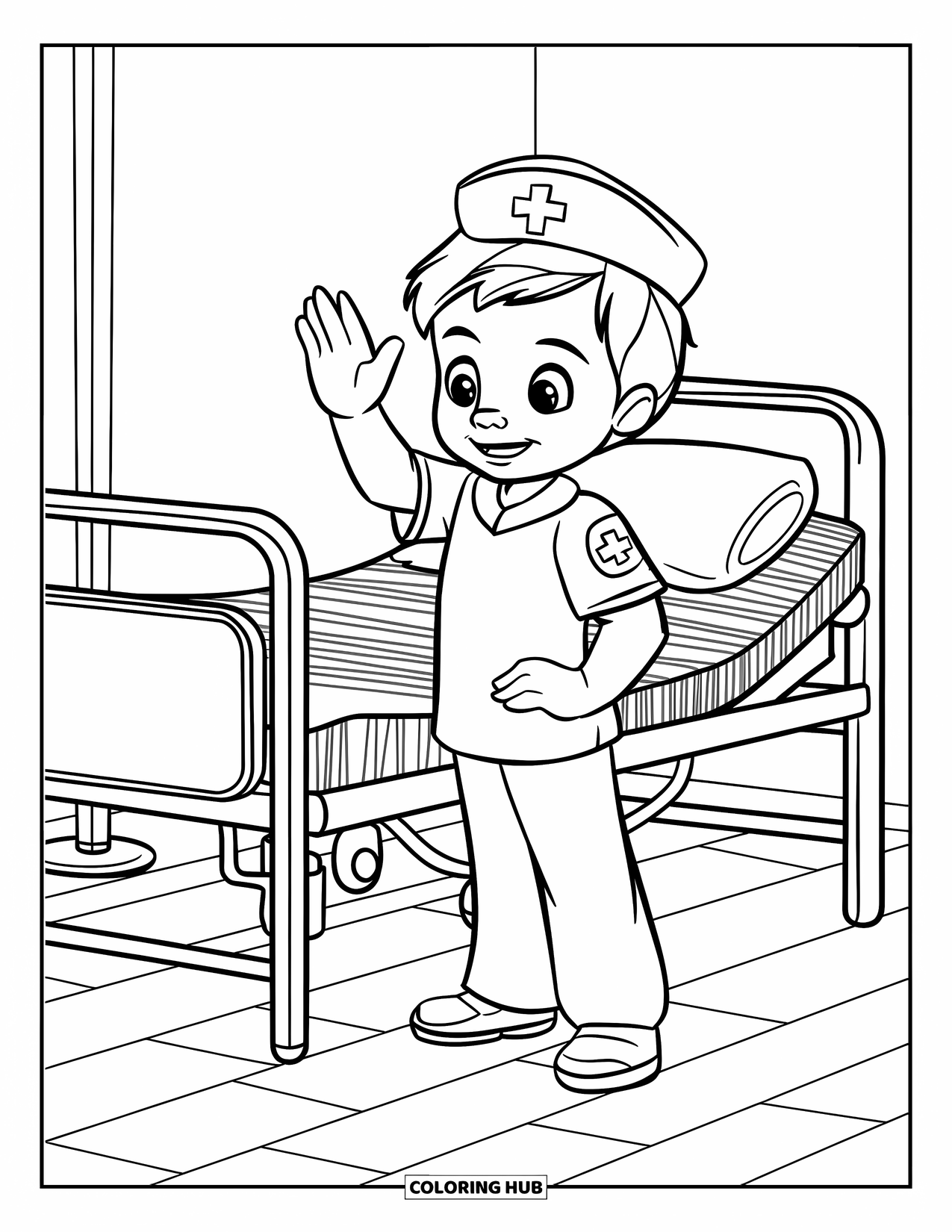 Hospital Coloring Page for Kids: A smiling boy nurse stands proudly by a bright hospital bed