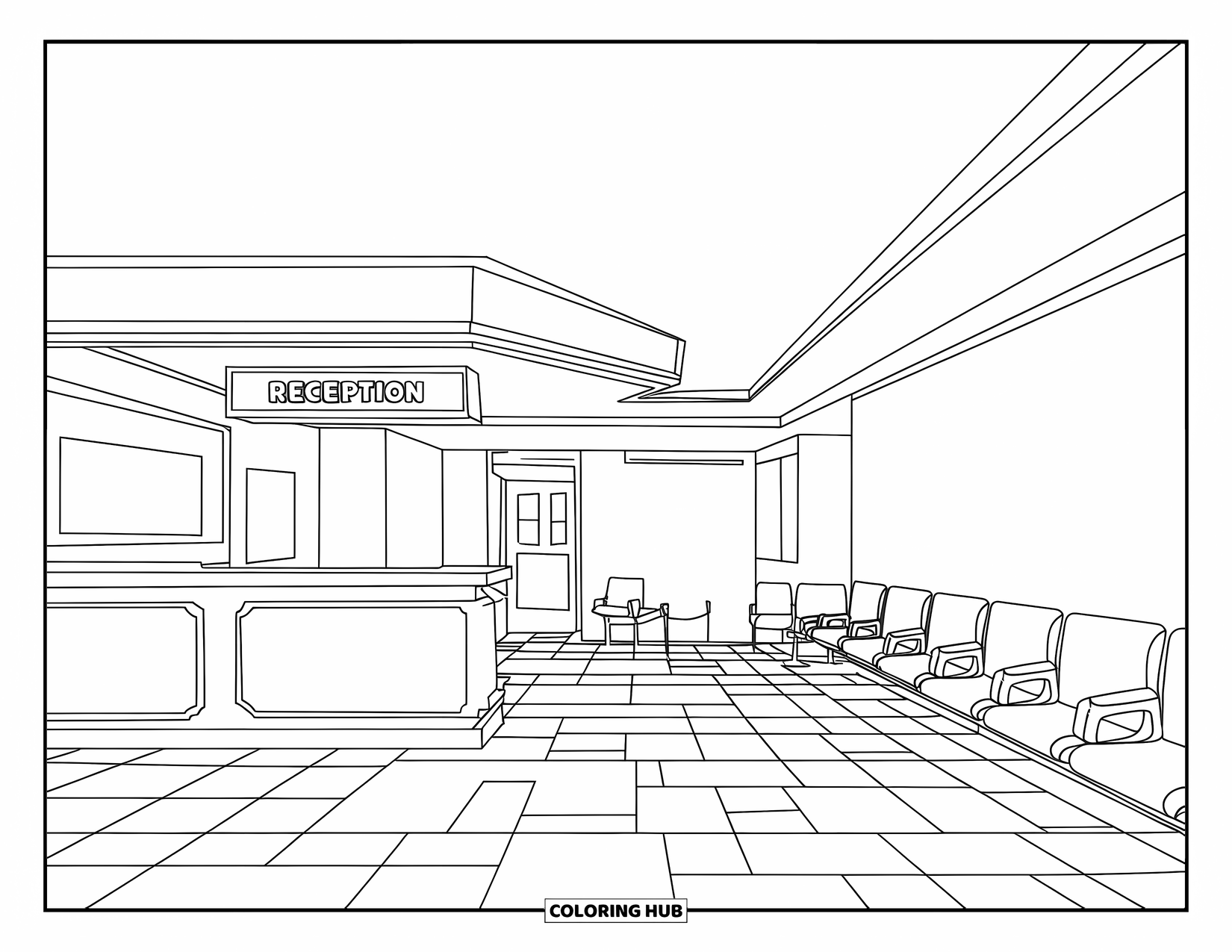 Hospital Coloring Page for Kids: A waiting area where visitors sit patiently near the reception desk