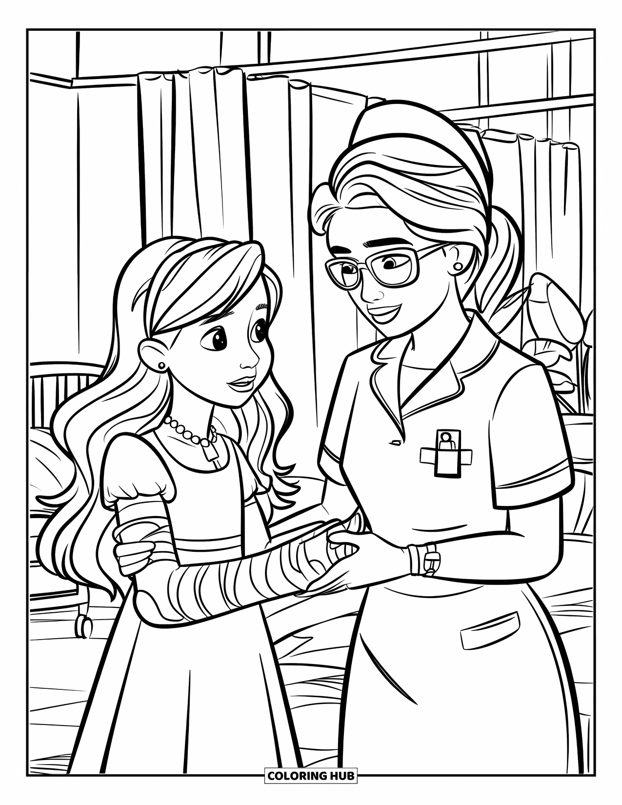 Hospital Coloring Page for Kids: A warm hospital scene where a nurse talks to a girl with a bandaged arm