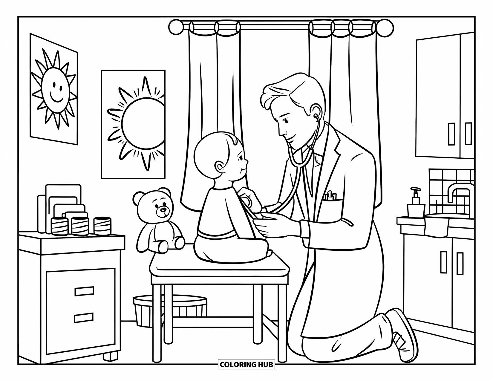 Hospital Coloring Page for Kids: A warm pediatric room with a doctor and a smiling child during a checkup