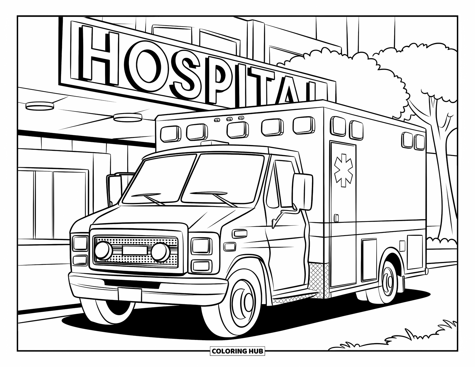 Hospital Coloring Page for Kids: An ambulance and hospital building stand tall under a clear sky
