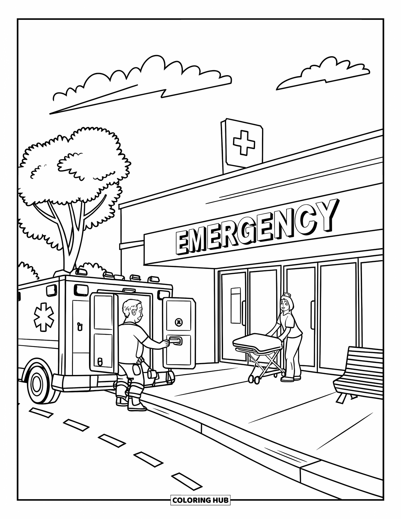 Hospital Coloring Page for Kids: An ambulance parks at the emergency doors where a nurse waits with a gurney