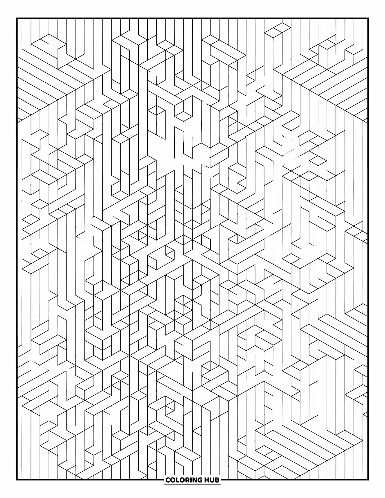Illusion Coloring Page for Adults: A cube grid tricks the eye with rising and sinking blocks