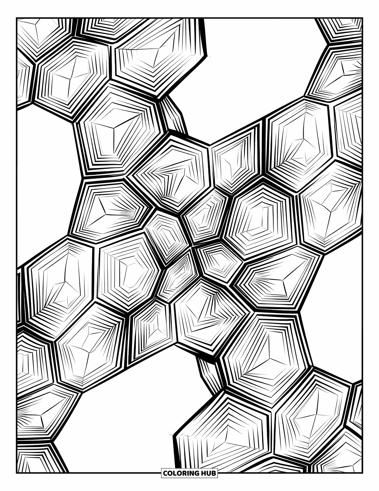 Illusion Coloring Page for Adults: A field of stars transforms across a twisting, tessellated pattern