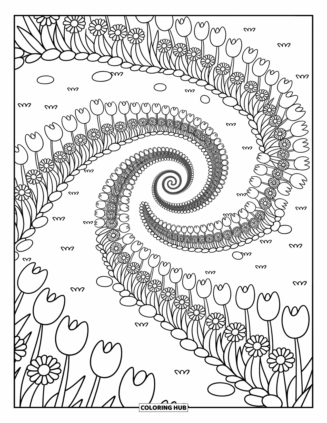 Illusion Coloring Page for Adults: A spiral garden of flowers and pebbles dances with hidden heart-shaped petals