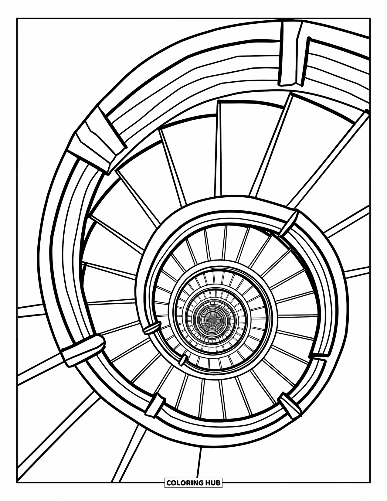 Illusion Coloring Page for Adults: A winding staircase spins into a narrow spiral from a top view
