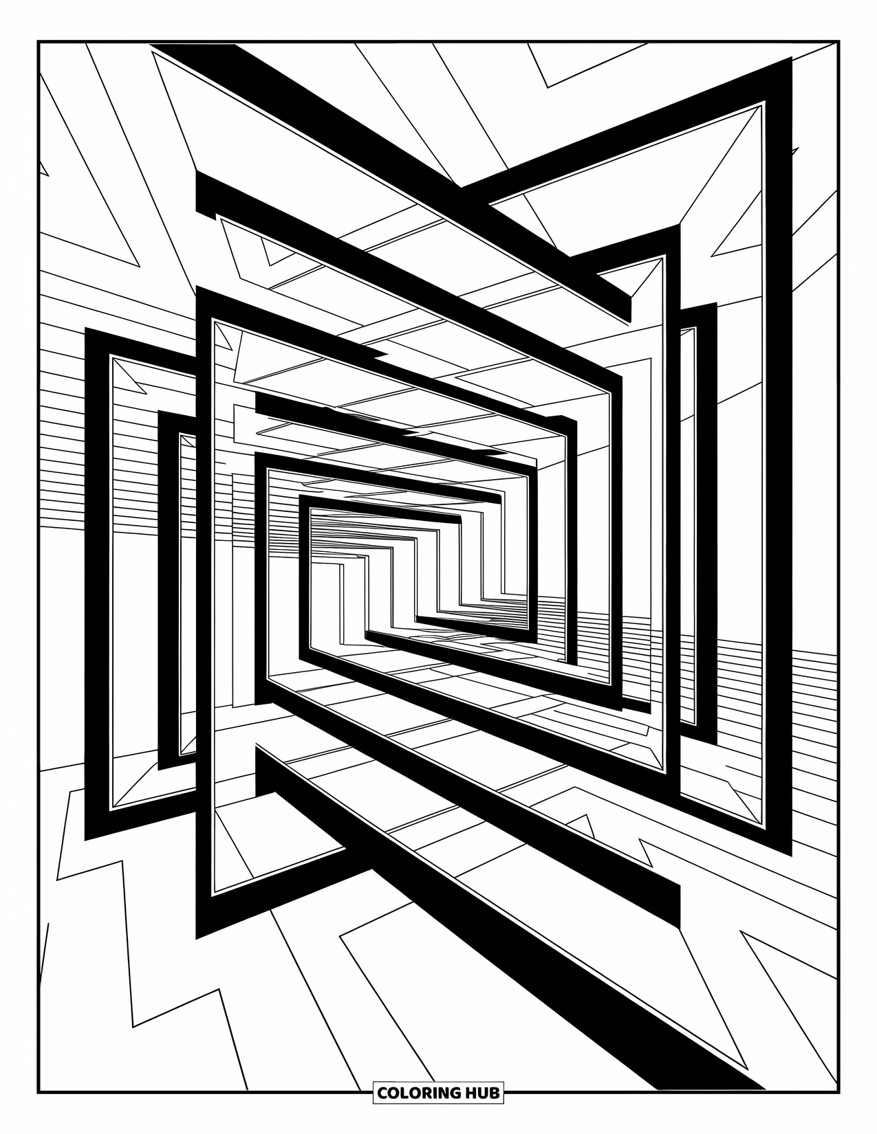 Illusion Coloring Page for Adults: Intersecting rectangles create a sense of movement and changing layers