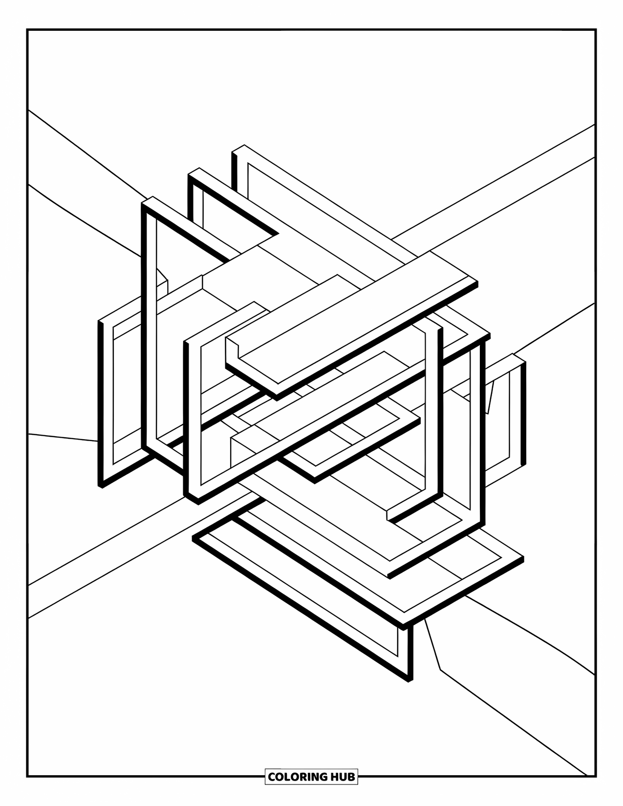 Illusion Coloring Page for Adults: Layered rectangles shift and turn, adding depth and motion