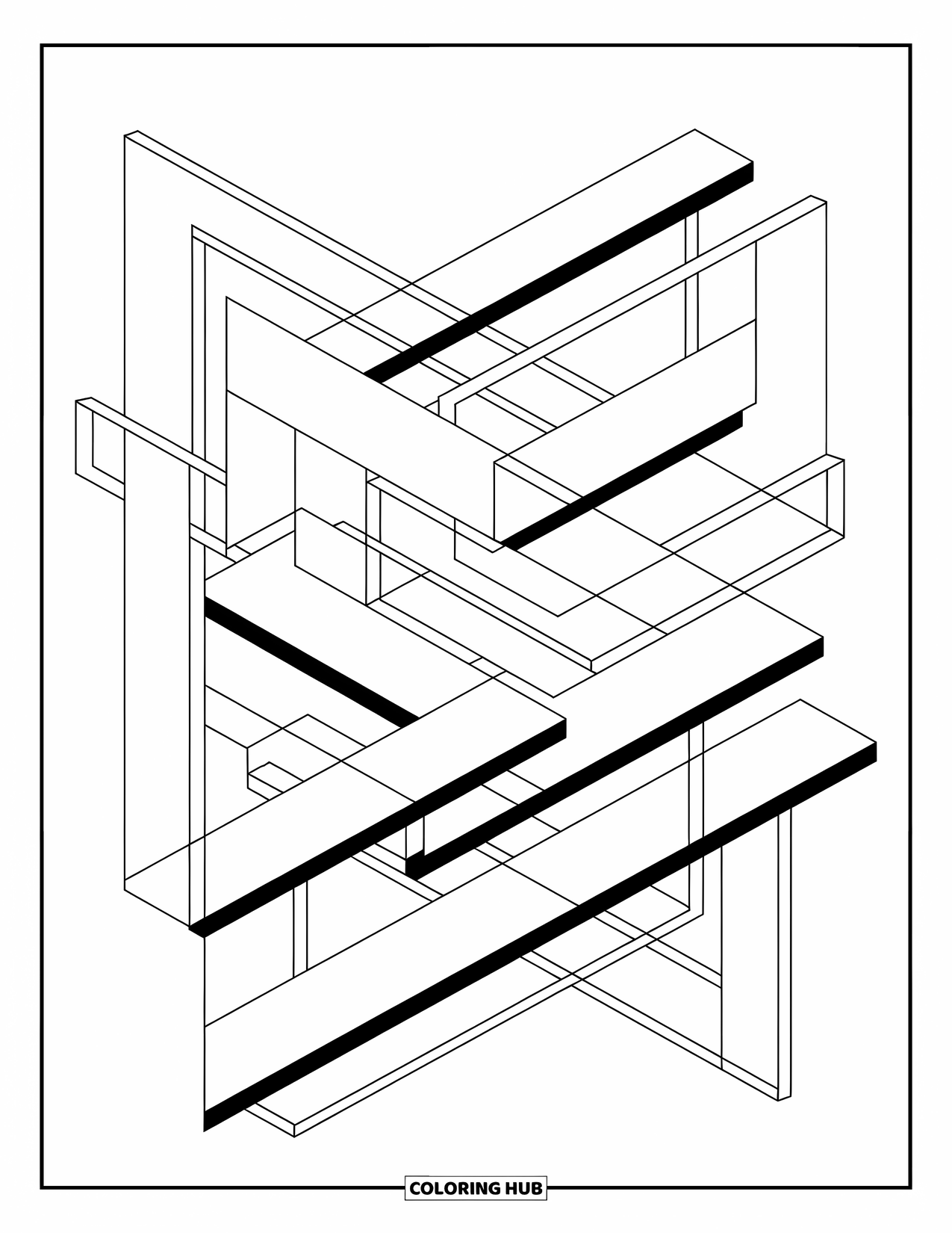 Illusion Coloring Page for Adults: Stacked rectangles twist and overlap in a playful illusion of space