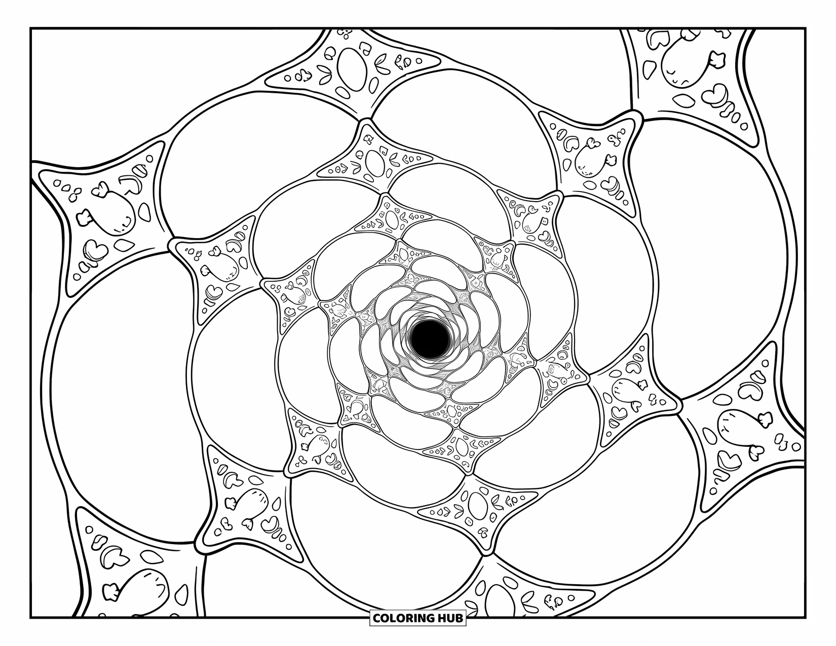 Illusion Coloring Page for Adults: Stars spiral into a dreamy tunnel filled with tiny, adorable shapes