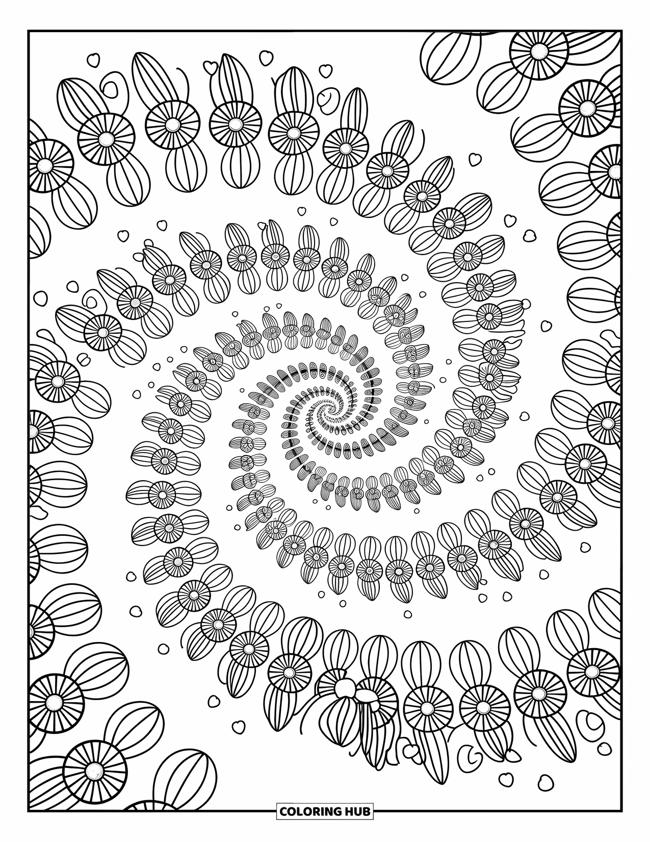 Illusion Coloring Page for Adults: Tulips and daisies spin outward on a curling garden path