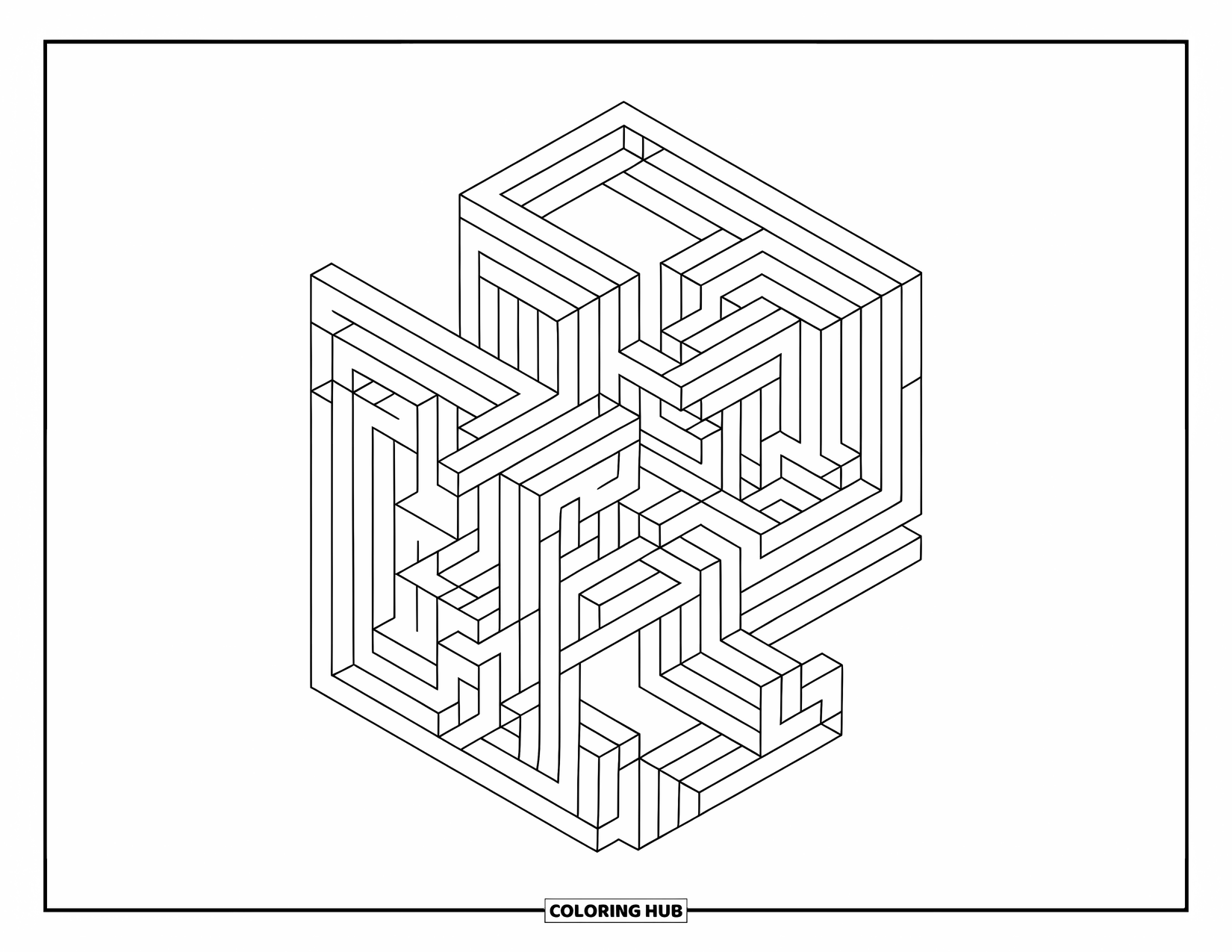 Illusion Coloring Page for Kids: 3D blocks shift and stack in a cube illusion