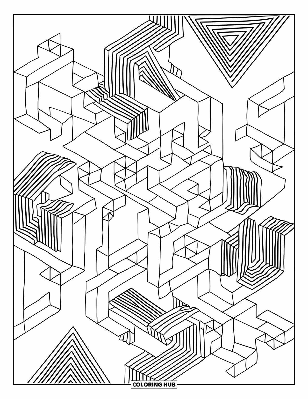 Illusion Coloring Page for Kids: 3D illusions dance in a playful stack of tricky ribbons