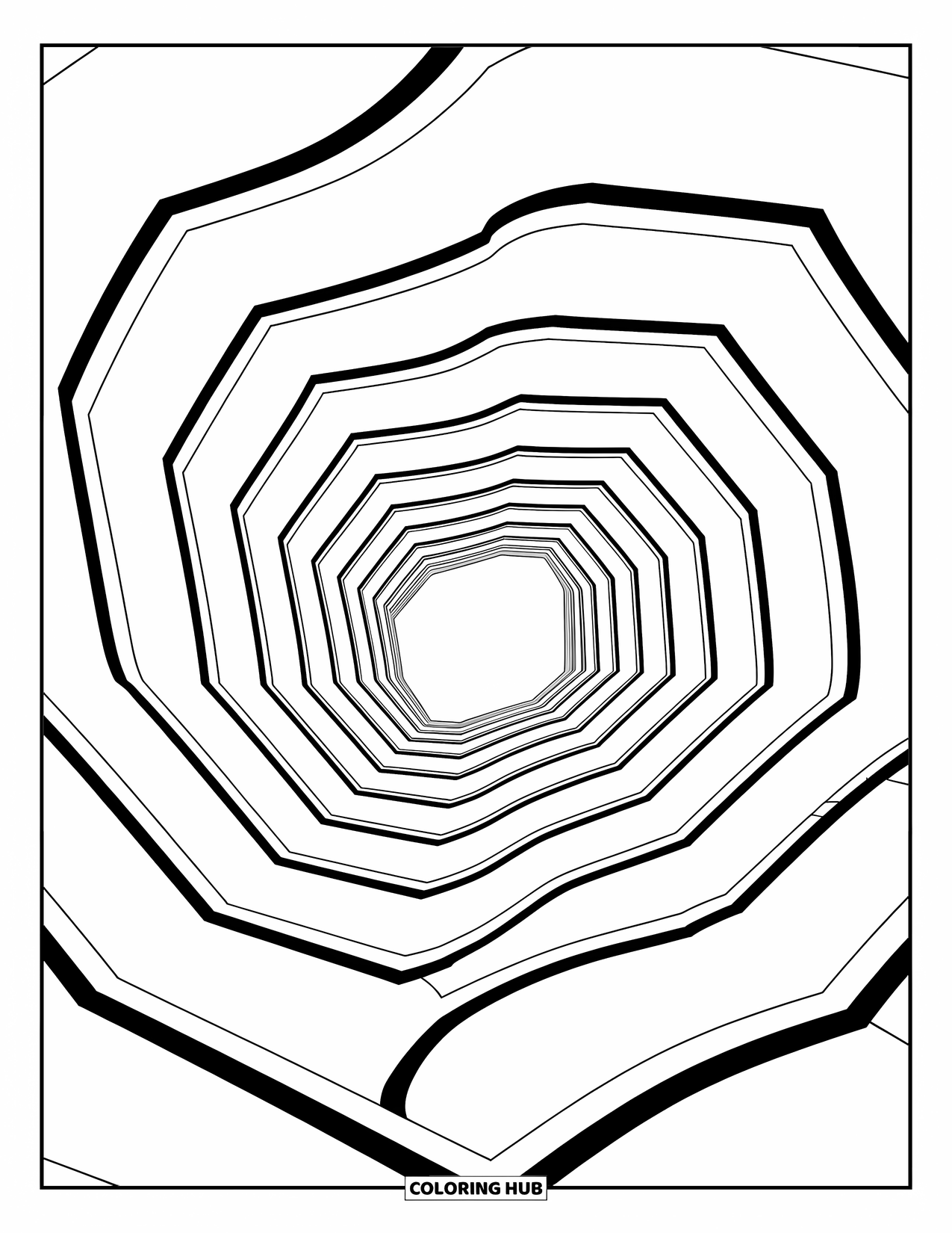 Illusion Coloring Page for Kids: A warped honeycomb bends like soft waves