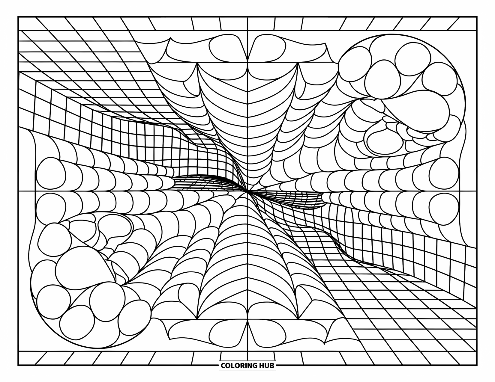 Illusion Coloring Page for Kids: Bulging grid patterns swirl into optical illusions