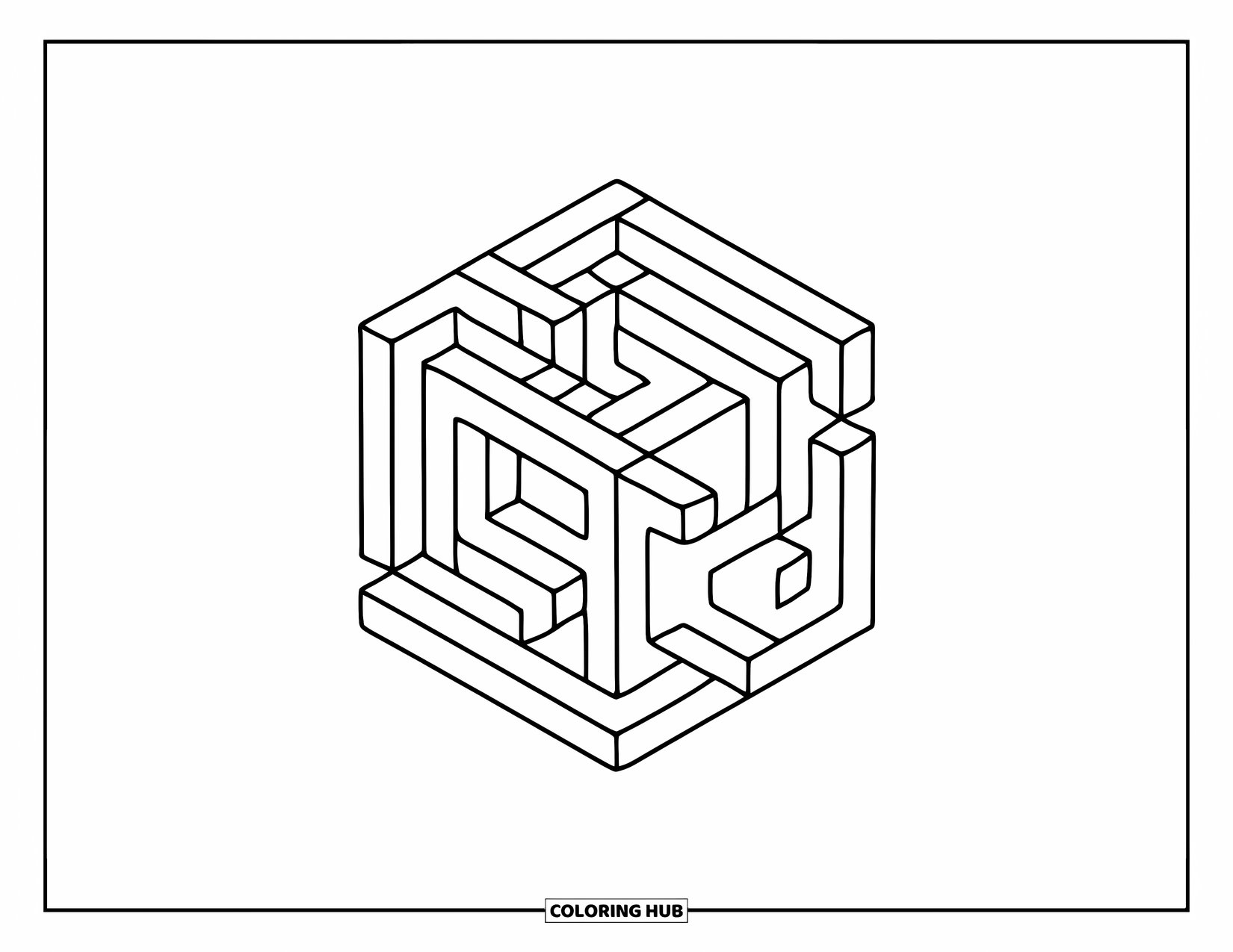 Illusion Coloring Page for Kids: Cubes pile into a maze-like stack of tricky shapes