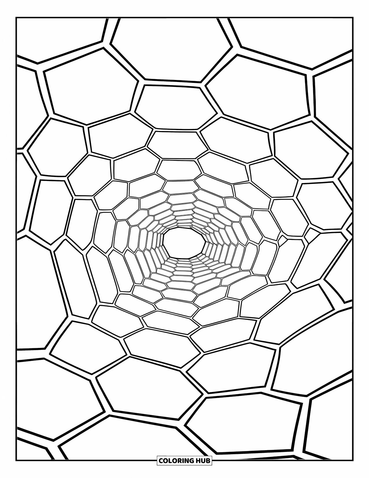 Illusion Coloring Page for Kids: Curvy hexagons form a mind-bending honeycomb pattern
