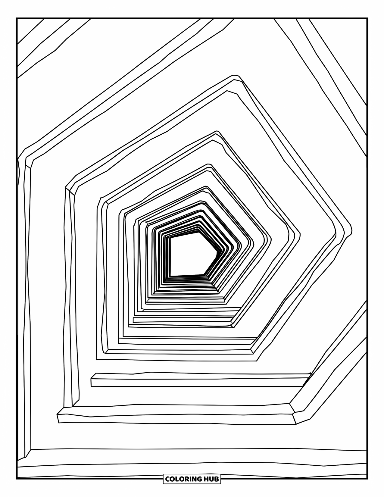 Illusion Coloring Page for Kids: Endless stairs twist through geometric black and white patterns