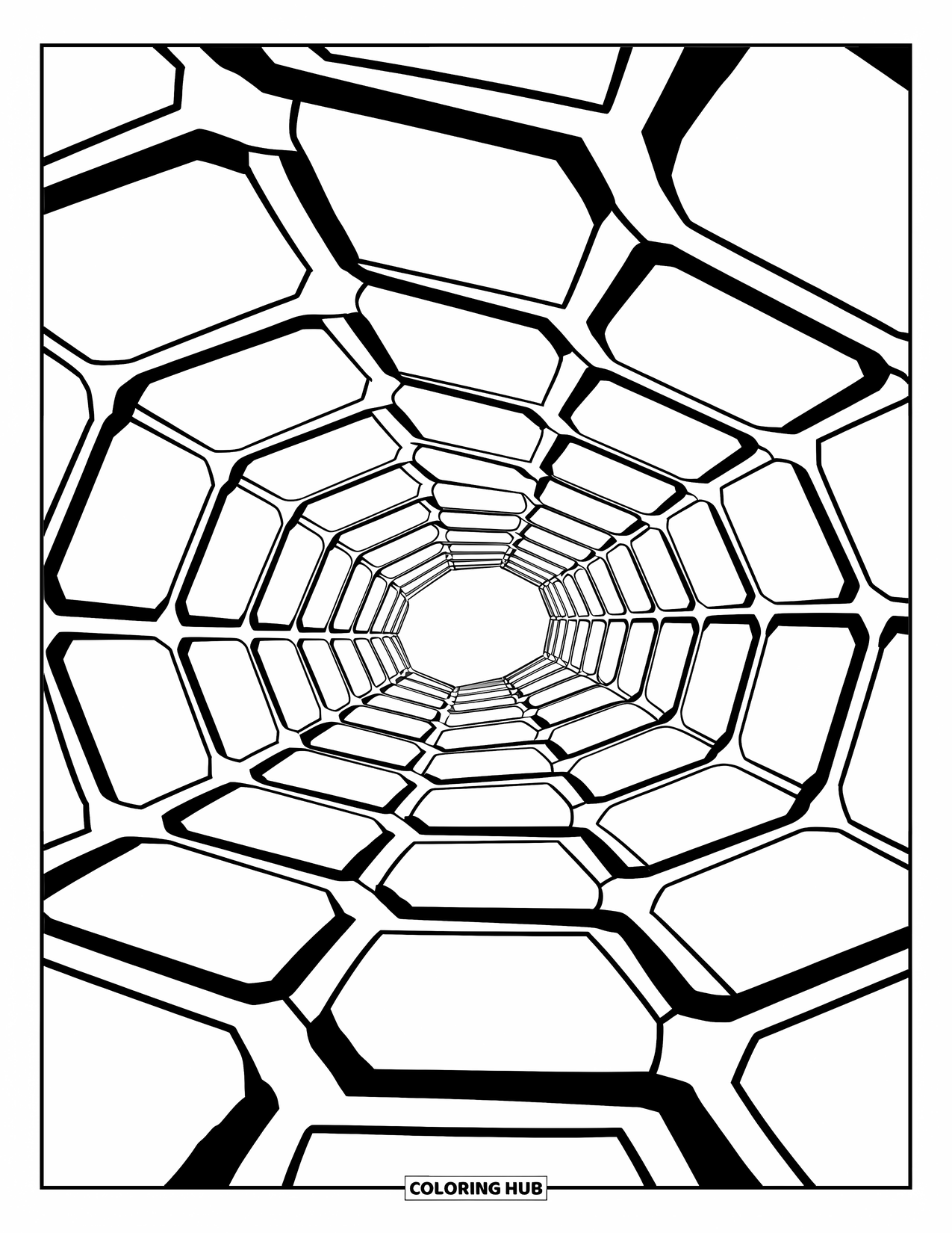 Illusion Coloring Page for Kids: Hexagons stretch and curve like a bending honeycomb wall