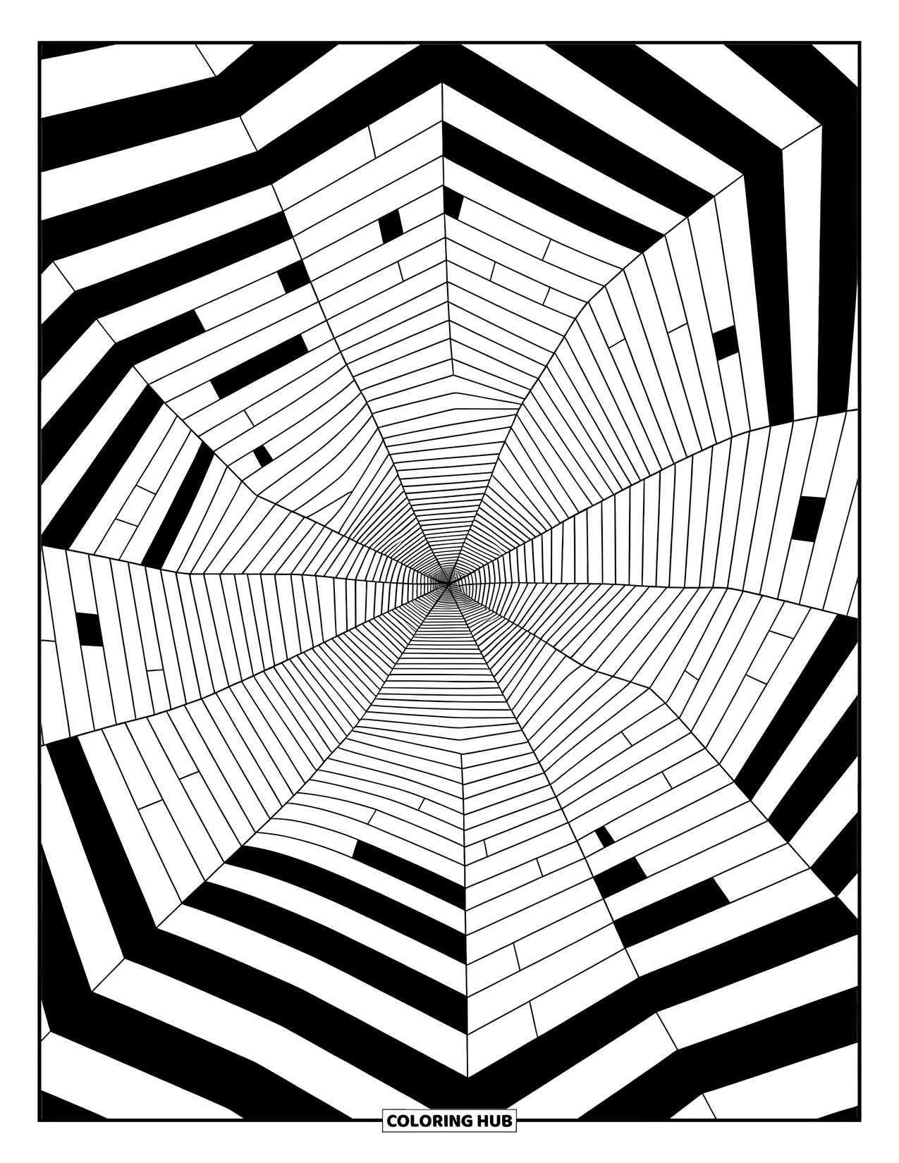 Illusion Coloring Page for Kids: Lines shoot from the center to form a dizzying spiral