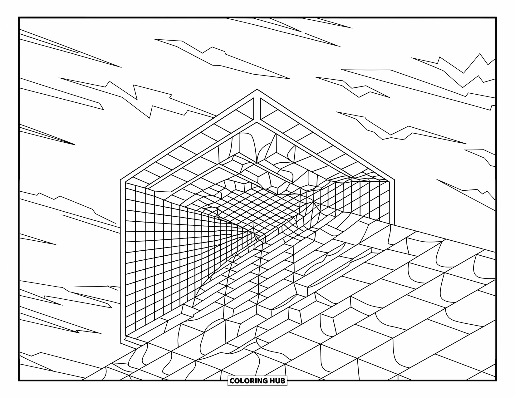 Illusion Coloring Page for Kids: Morphing patterns bulge and bend across a tessellated grid
