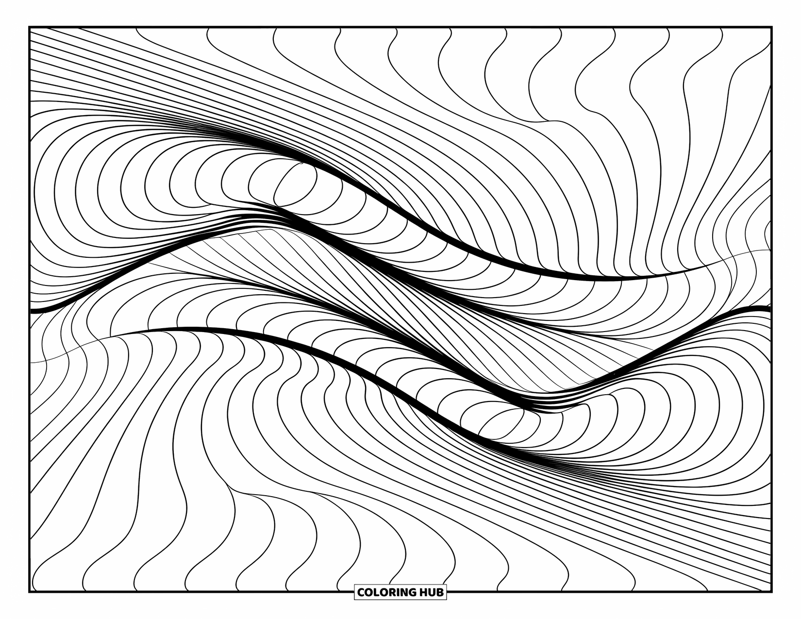 Illusion Coloring Page for Kids: Ocean waves ripple across the page in smooth, curvy lines