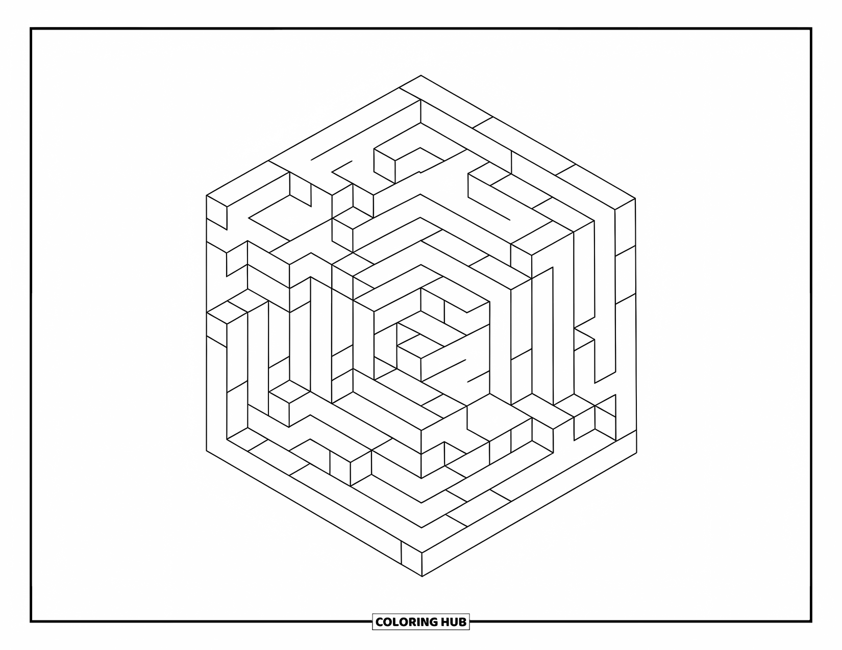 Illusion Coloring Page for Kids: Shifting blocks form a dizzying cube-style maze