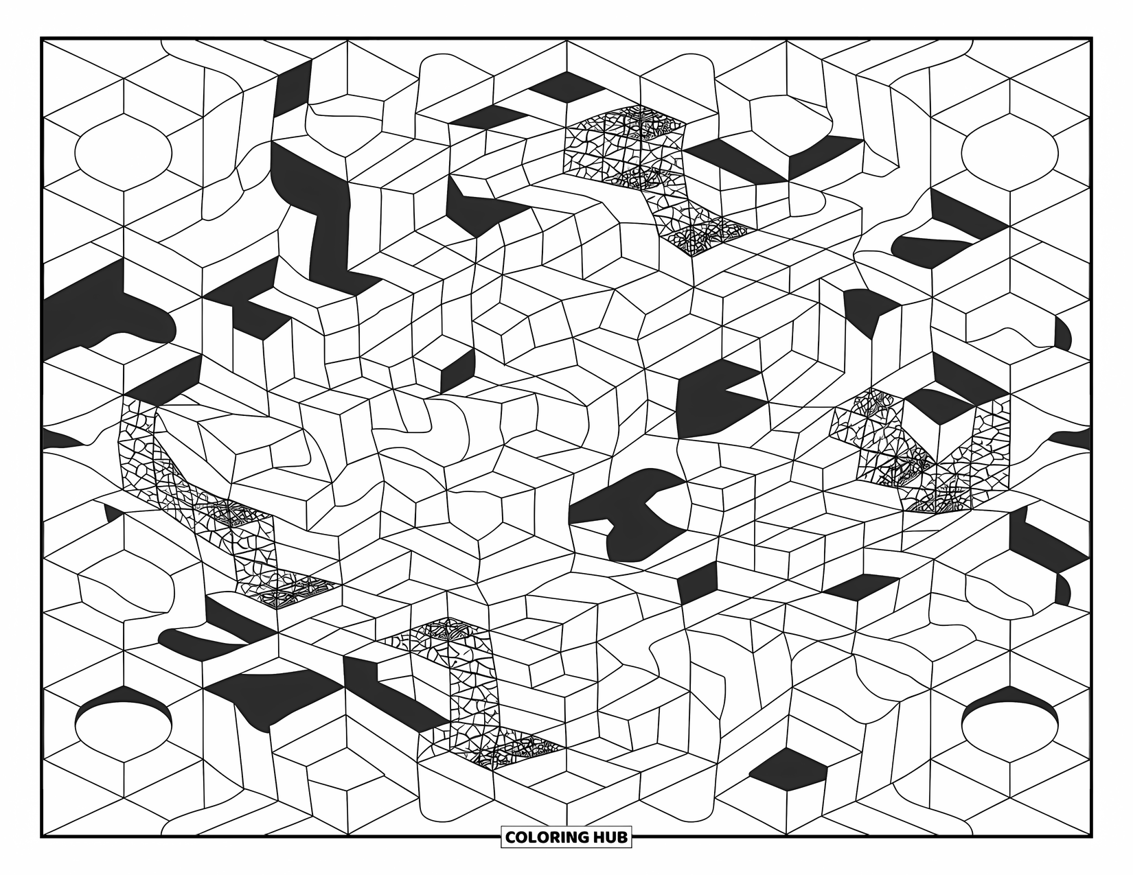Illusion Coloring Page for Kids: Tessellated shapes twist and ripple in a bold grid