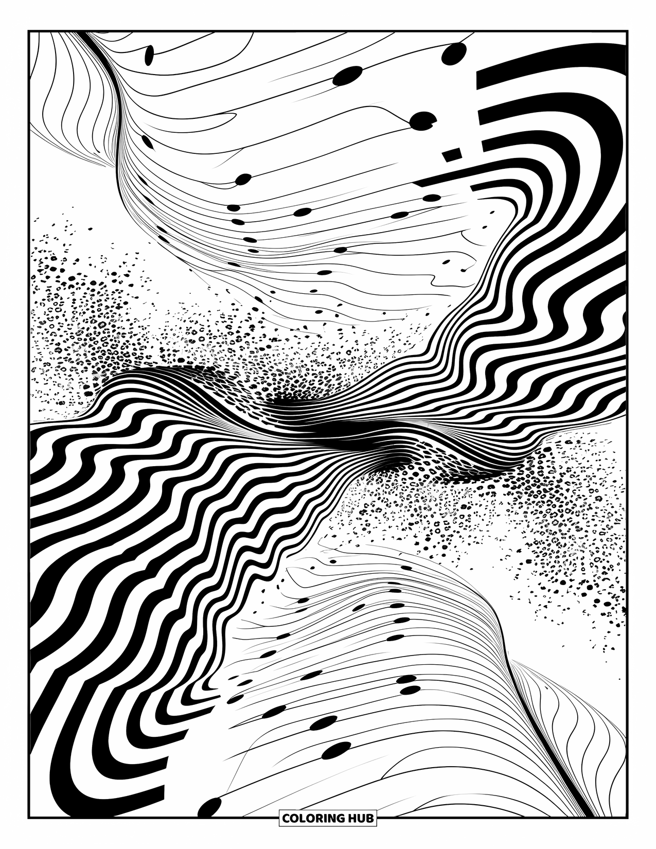 Illusion Coloring Page for Kids: Wavy lines and dots create the feeling of movement