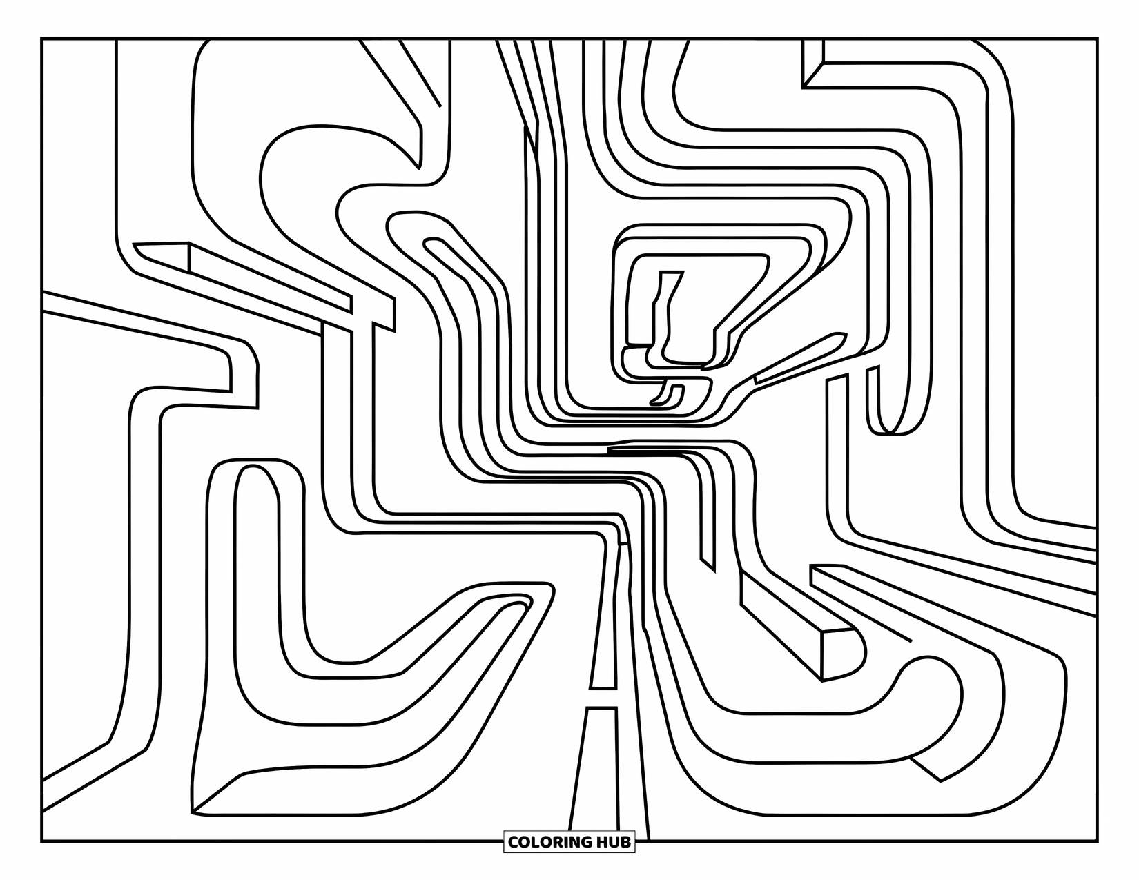 Illusion Coloring Page for Kids: Wavy mazes swirl with vibrating paths for kids to explore