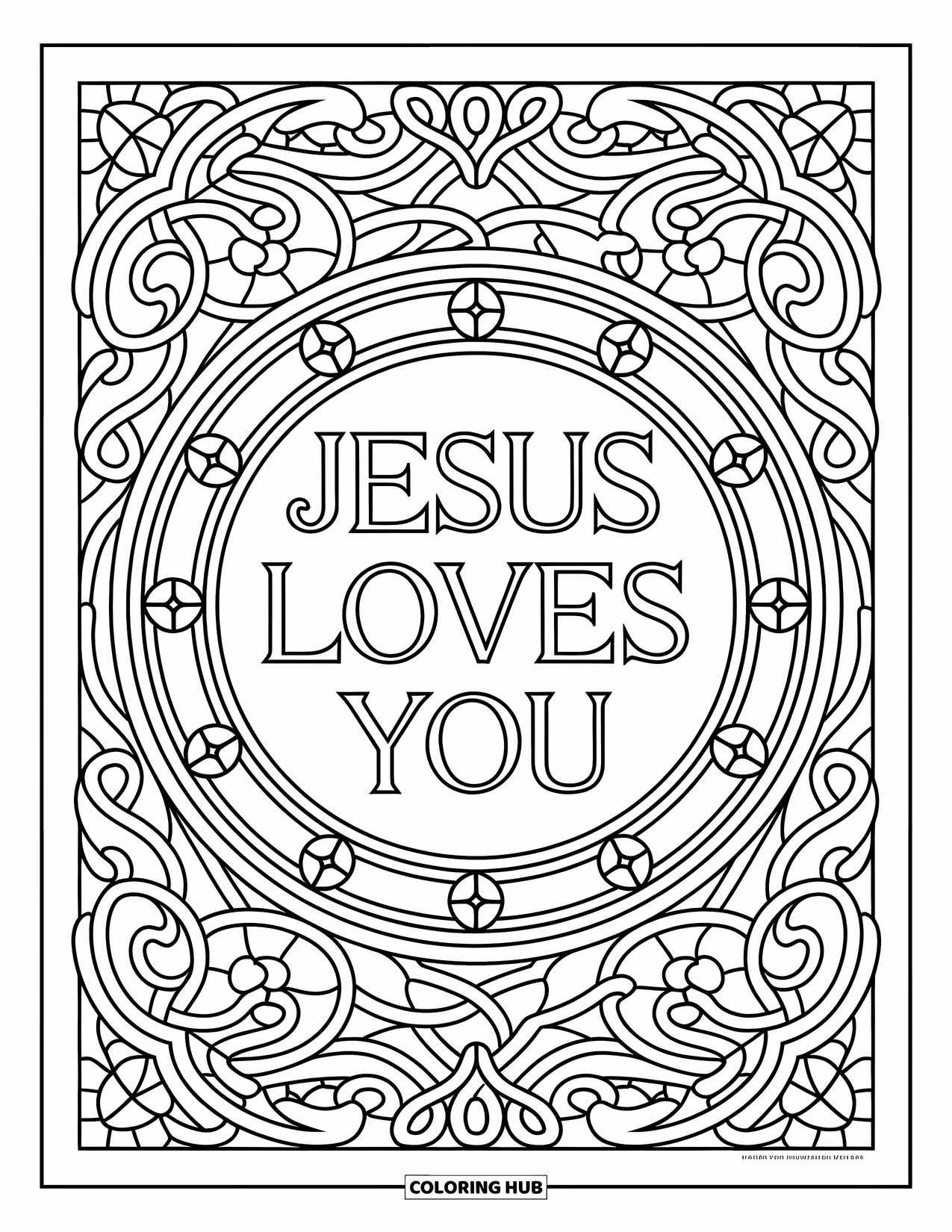 Jesus Loves You Coloring Page for Adults: A glowing stained-glass circle holds the message "Jesus Loves You" among swirling vines