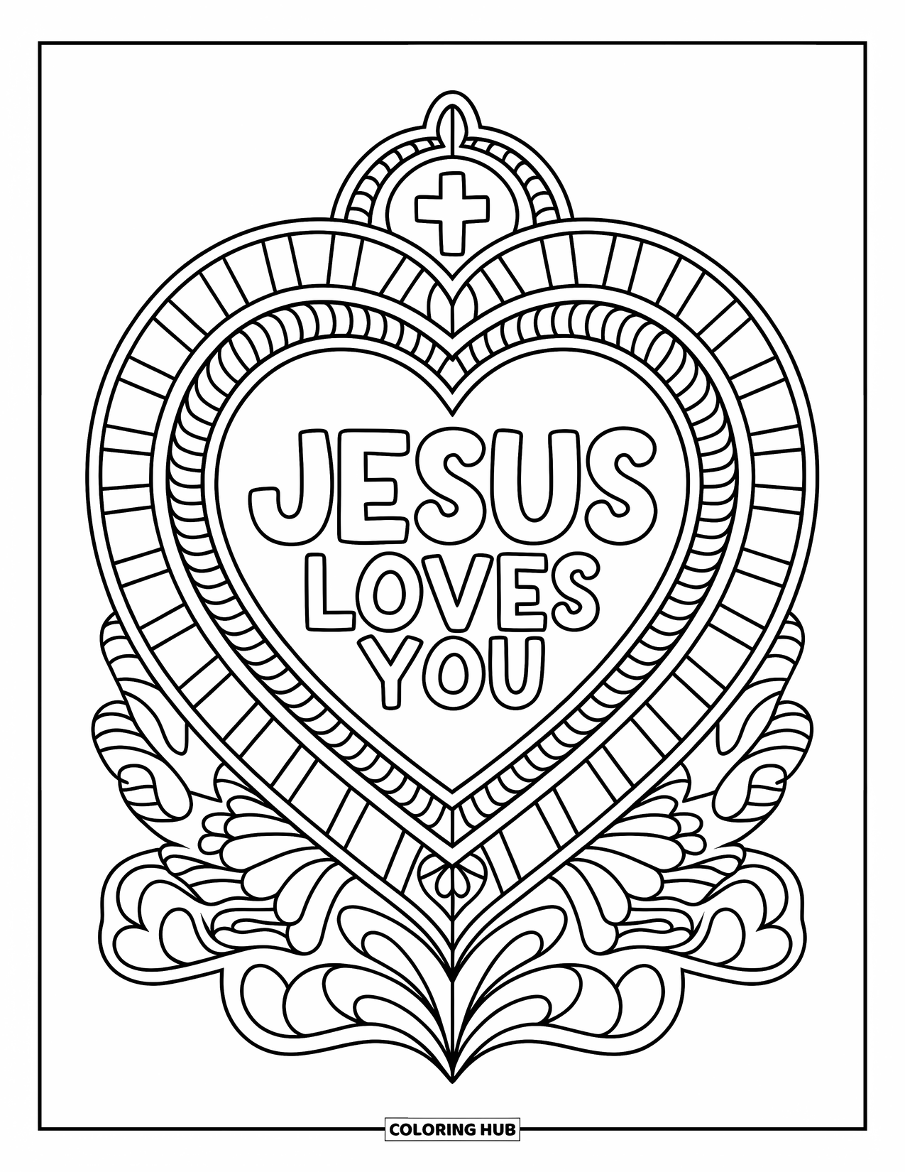Jesus Loves You Coloring Page for Adults: A sacred heart shines with doves, a cross, and "Jesus Loves You" at the center