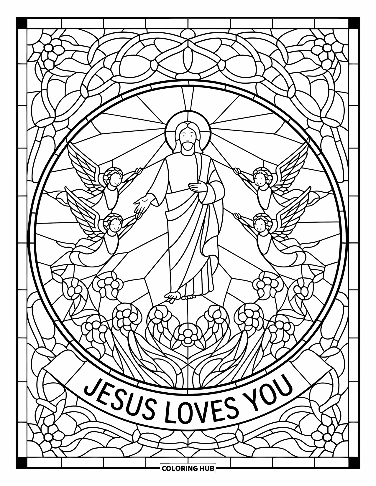 Jesus Loves You Coloring Page for Adults: Jesus and angels rest in a radiant stained glass panel filled with flowers and love