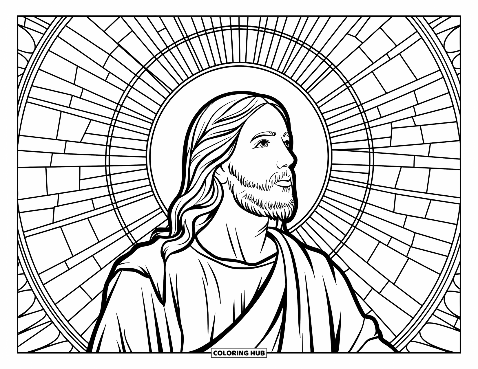 Jesus Loves You Coloring Page for Adults: Jesus gazes upward, framed by sunburst glass and flowing patterns