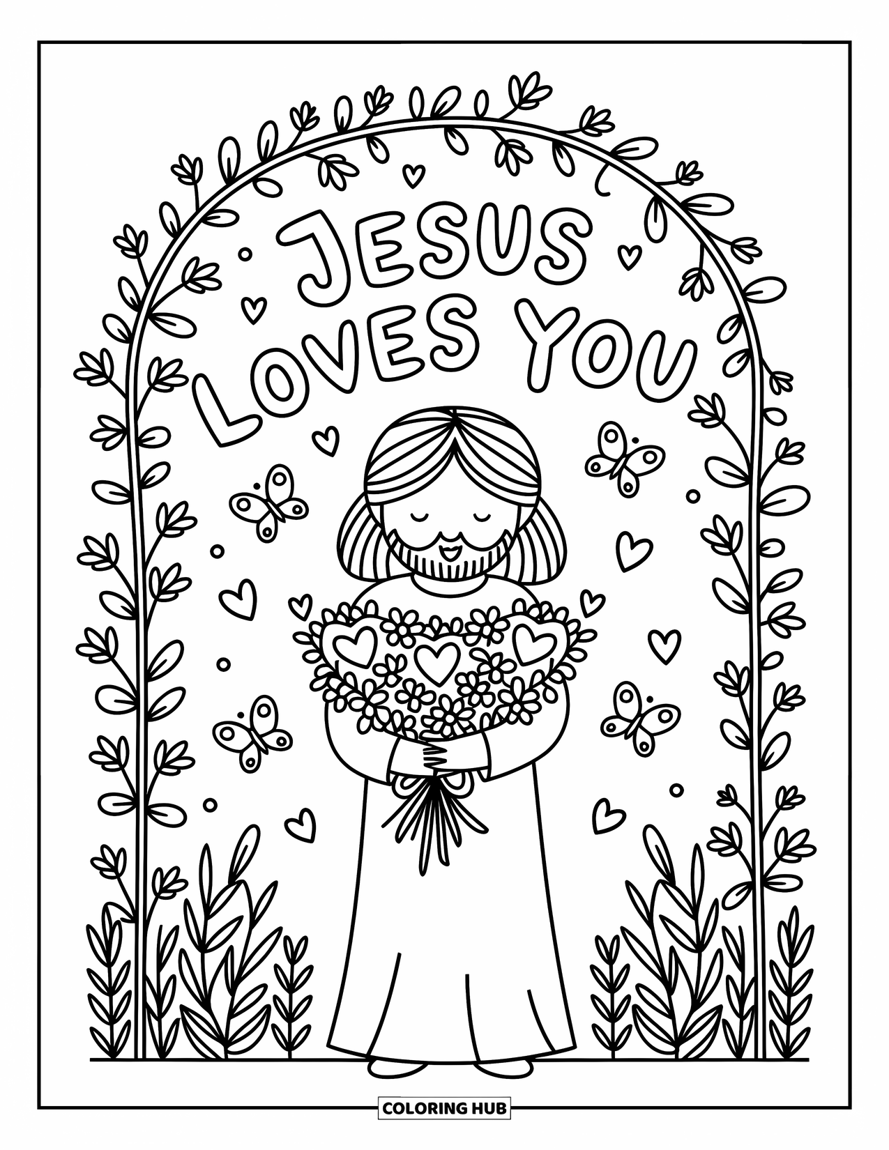 Jesus Loves You Coloring Page for Adults: Jesus holds a big bouquet of heart flowers under a leafy arch of vines