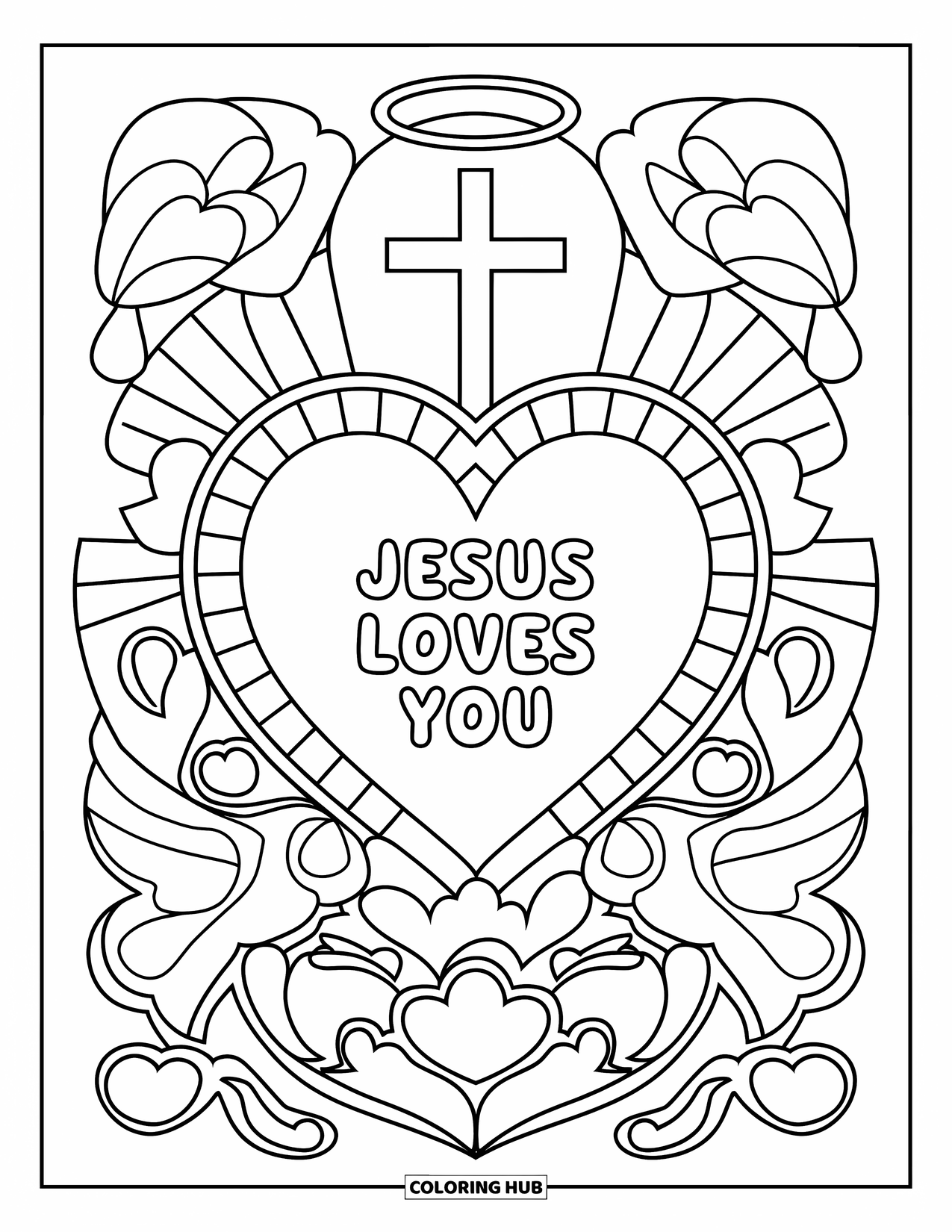 Jesus Loves You Coloring Page for Adults: "Jesus Loves You" rests inside a glowing sacred heart with peaceful Christian symbols