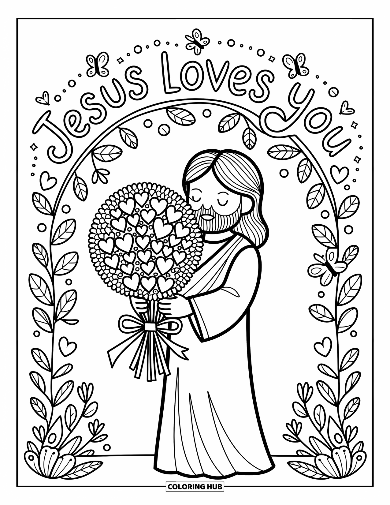 Jesus Loves You Coloring Page for Adults: Jesus stands with a bouquet of hearts and a message filled with love and joy