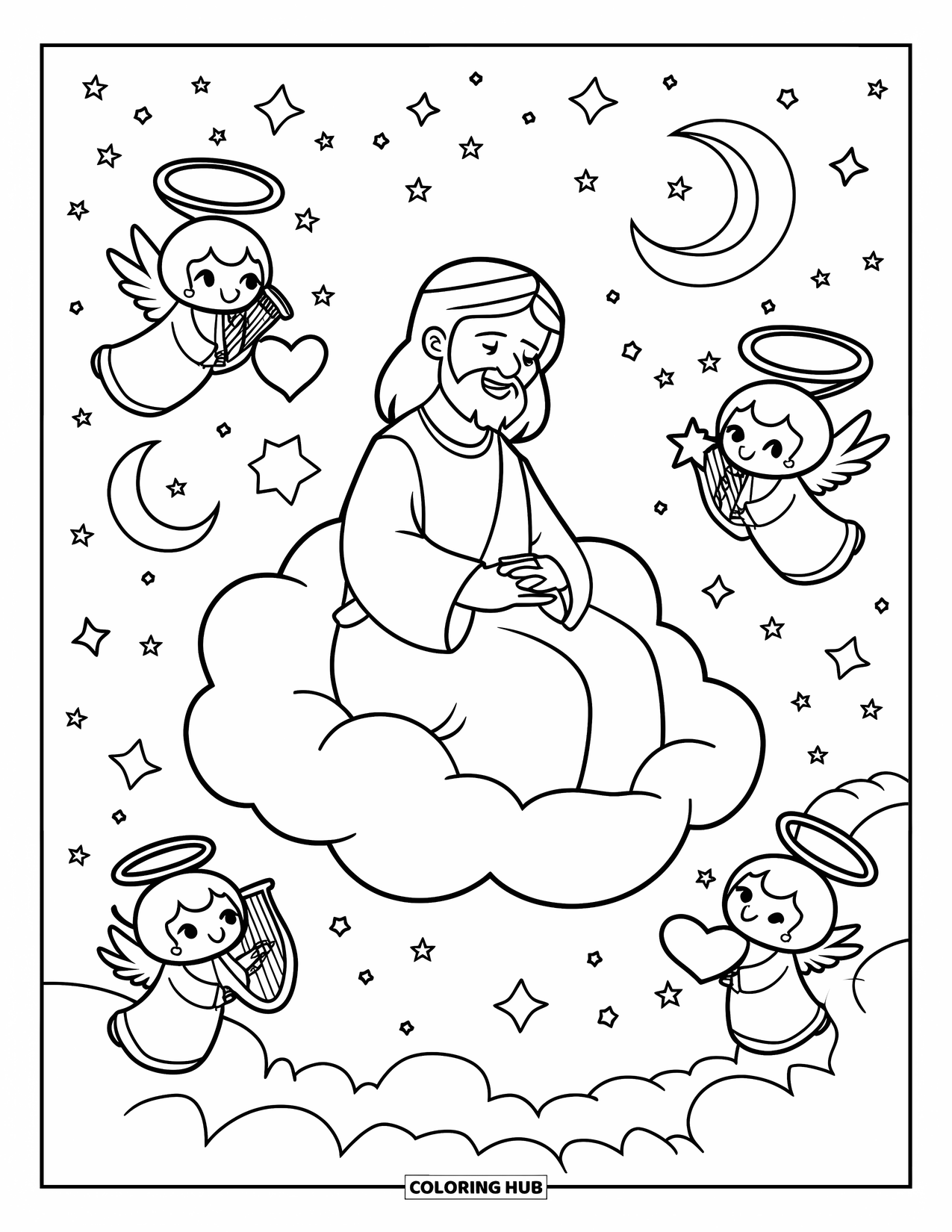 Jesus Loves You Coloring Page for Kids: A joyful Jesus sits on a cloud as angels hover with hearts, stars, and harps
