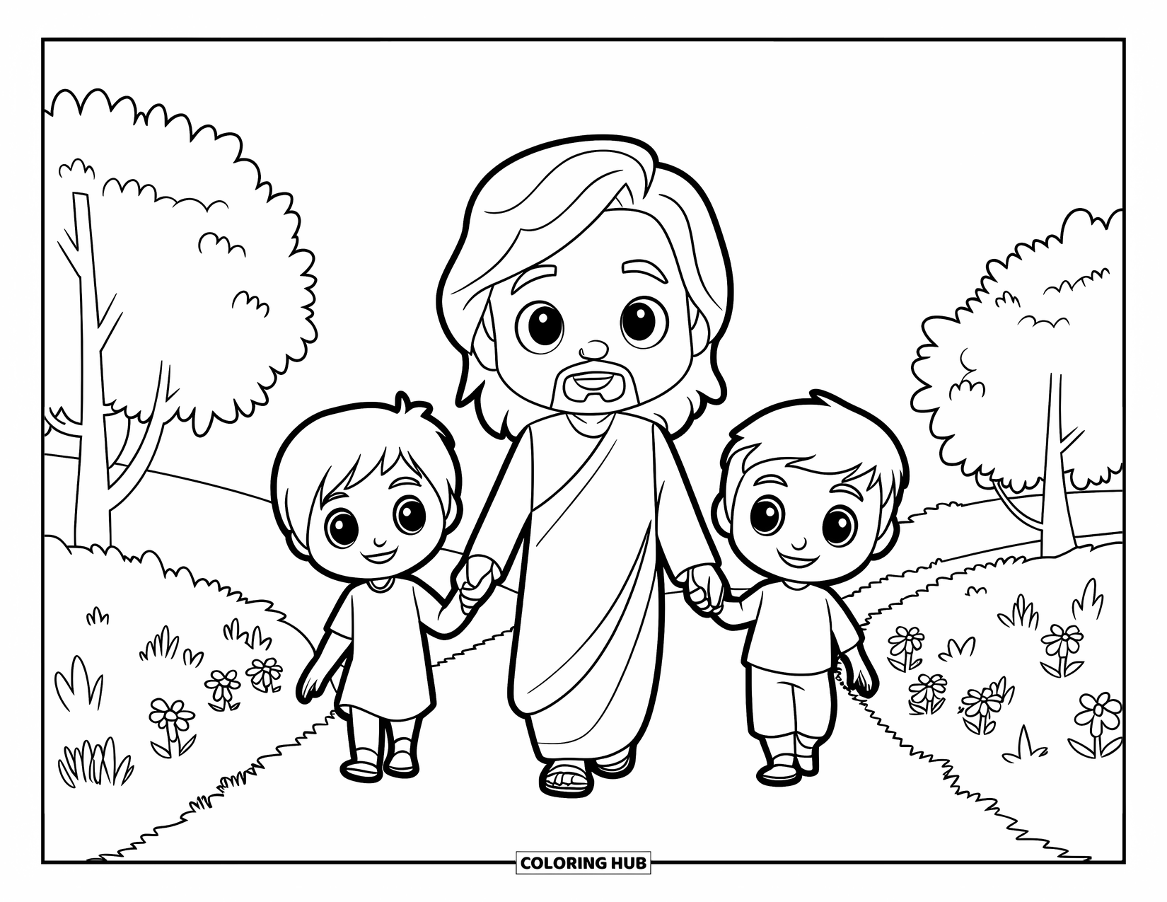 Jesus Loves You Coloring Page for Kids: In a cheerful garden, Jesus and kids stroll happily among trees and blossoms