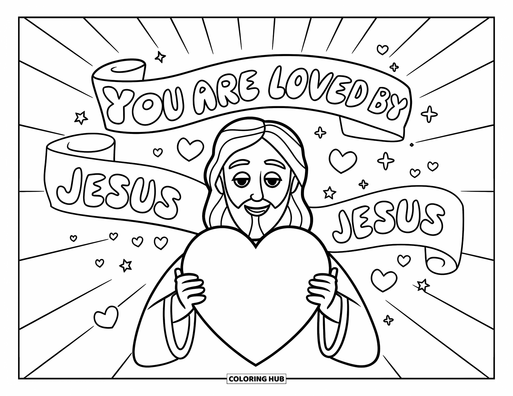 Jesus Loves You Coloring Page for Kids: Jesus holds a heart with a warm smile surrounded by stars, hearts, and a loving message