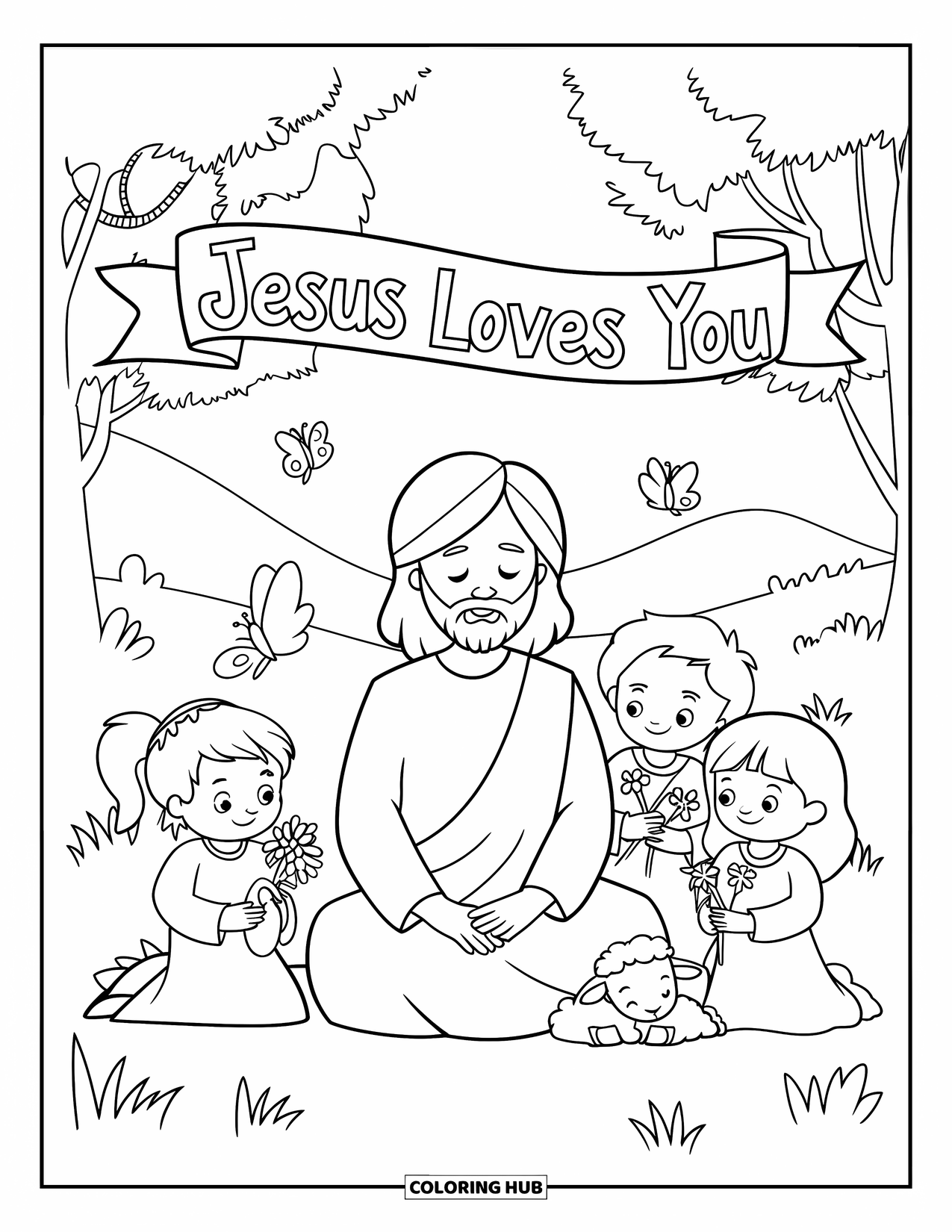 Jesus Loves You Coloring Page for Kids: Jesus sits on grass with children and animals around, under a banner of love