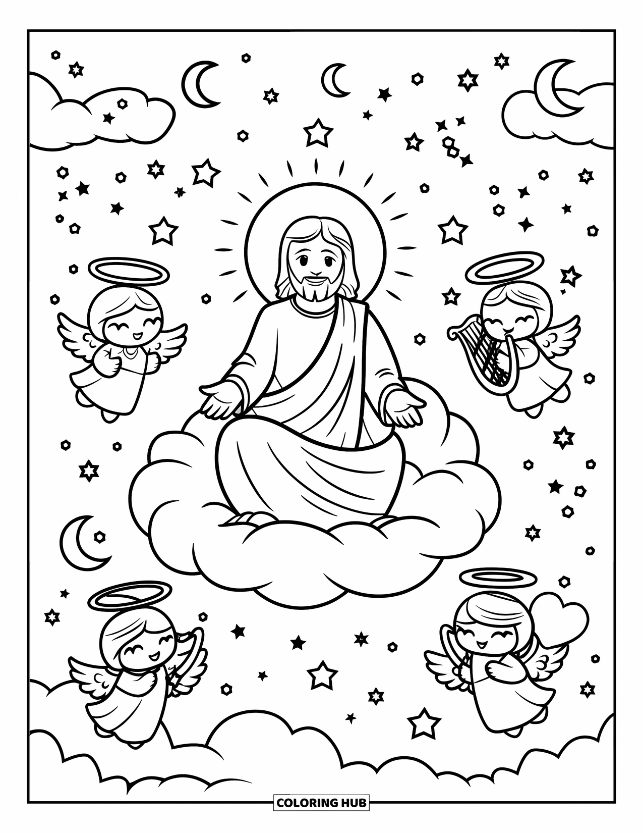 Jesus Loves You Coloring Page for Kids: Jesus smiles from his cloud throne while angels float nearby with loving messages