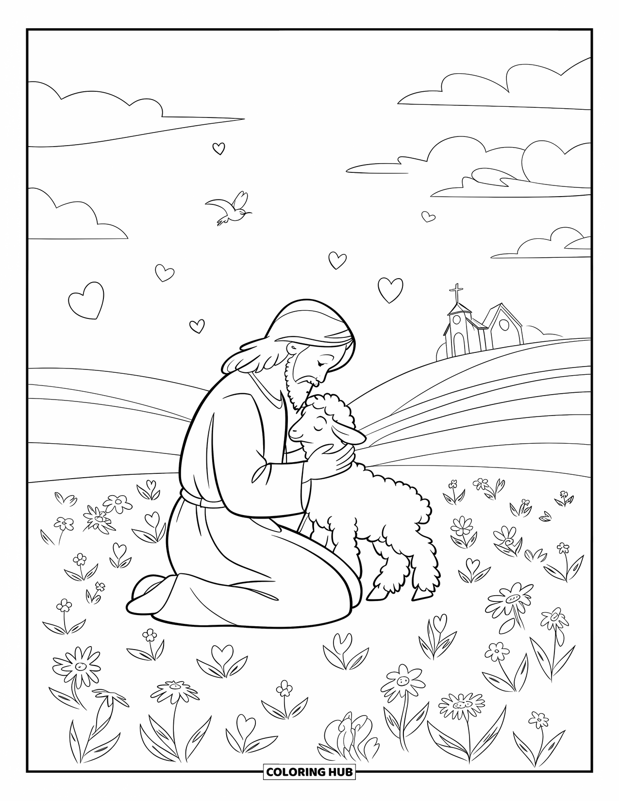 Jesus Loves You Coloring Page for Kids: Surrounded by flowers, Jesus cuddles a lamb in a calm field with clouds and a chapel
