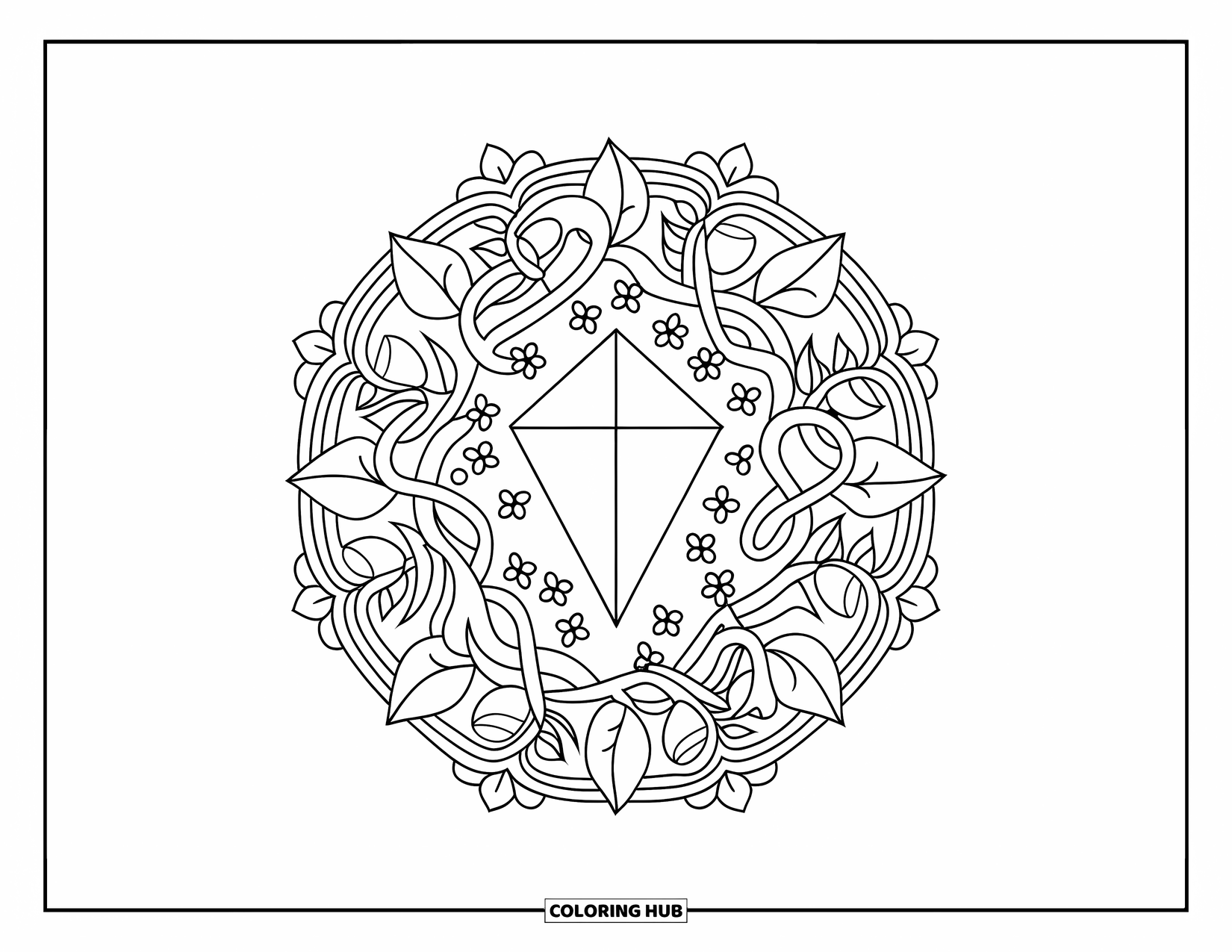 Kite Coloring Page for Adults: A bold diamond kite within a circular mandala of vines and flowers
