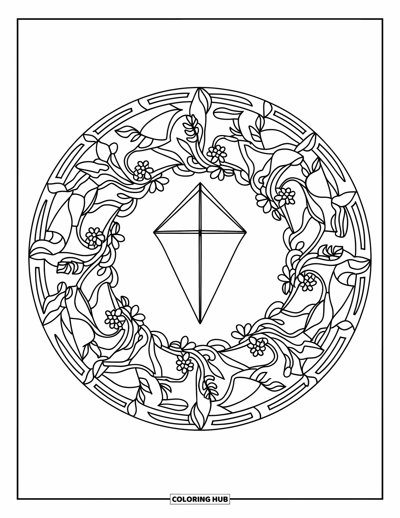 Kite Coloring Page for Adults: A diamond kite centered in a circular floral mandala with a border
