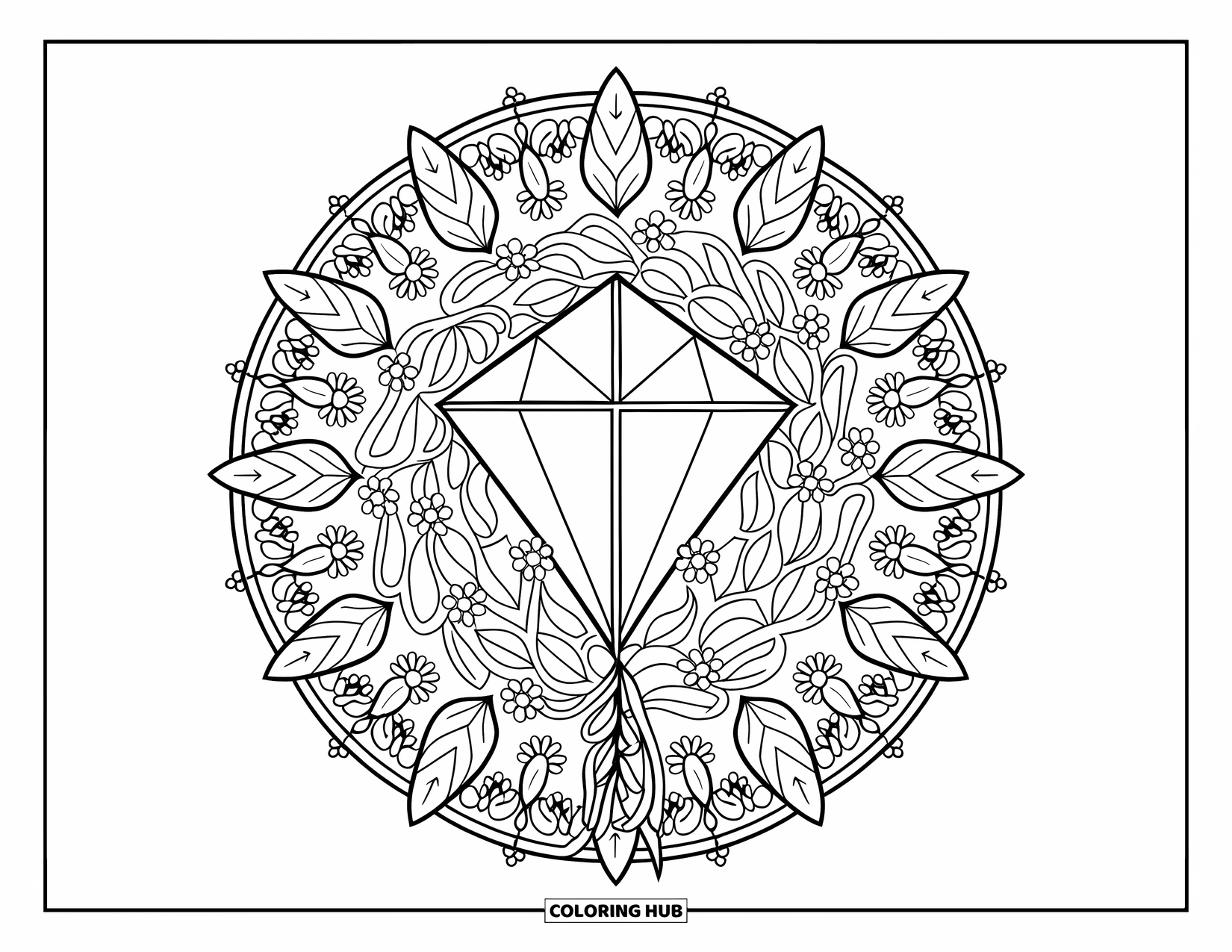 Kite Coloring Page for Adults: A diamond kite surrounded by a leafy mandala with intricate borders