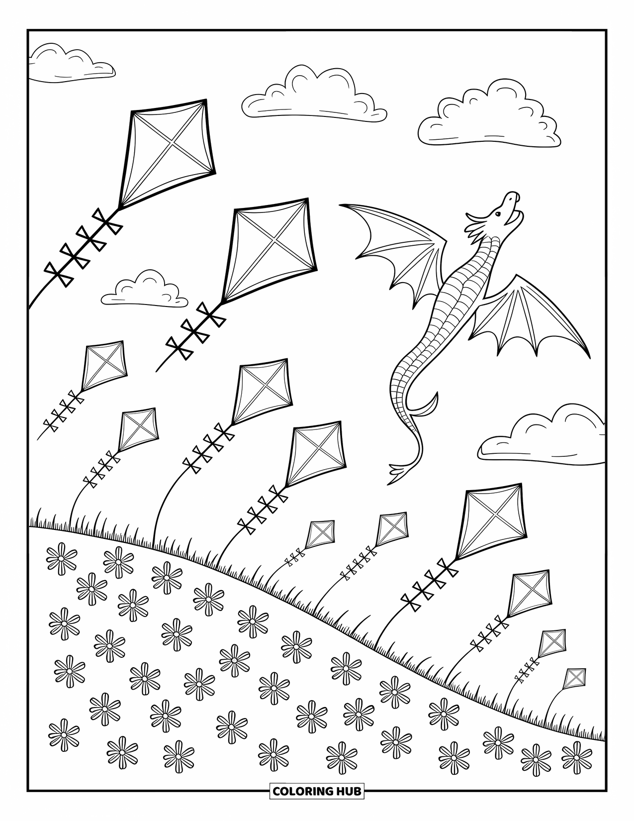 Kite Coloring Page for Adults: A flowery hill with dancing kites trailing bows through the clouds