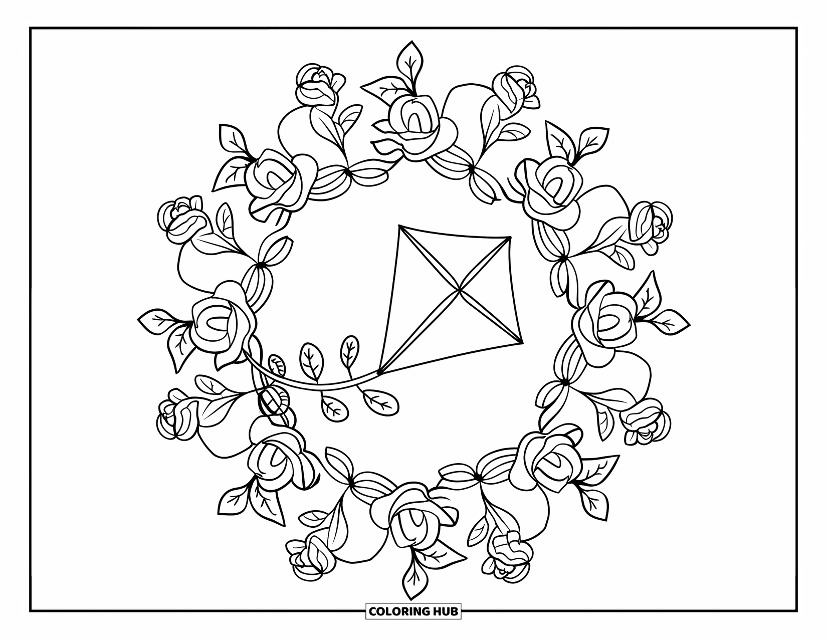 Kite Coloring Page for Adults: A heart kite surrounded by roses, ivy, and swirling mandala designs